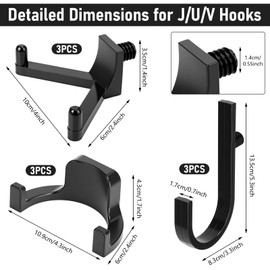 Otoolling 9 Pcs Storage Shed Tool Hooks Heavy Duty ABS Wall Mount Garage Hooks Set with Black J U V Shapes Tool Hangers Accessories for Shed Shelves Racks Ladders Garden Equipment Storage Organizer