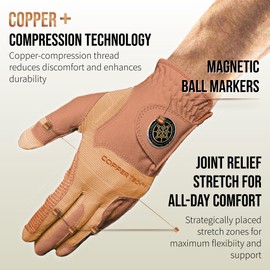 Copper Tech Plus Golf Gloves Men Right Handed Golfer or Left Handed Golfer (2nd Gen) | Copper Compression Joint Support Golf Glove (Copper/Brown, Medium-Large, Right)