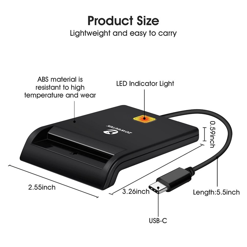 ZOWEETEK Type C CAC Reader, Smart CAC Card Reader USB