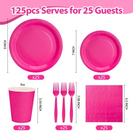 CENLBJ Hot Pink Plates and Napkins Party Supplies, Include 9’’Disposable Hot Pink Paper Plate, 7’’Dessert Plates and Cups and Napkins Forks Set for Birthday, Anniversaries, Wedding, Serves 25