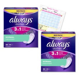 Always Dailies Panty Liners Normal 108x Pantyliners | Fresh & Protect 3 in 1 | Comfort, Protection and Freshness | Odour Neutralising | Pack of 2X 54 | Including Jaspem Period Tracker