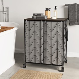 WOWLIVE Laundry Basket with Wheels, Heavy Duty Laundry Hamper with Wood Lid, Clothes Hamper with Divided Removable Liner Bag, Large Capacity Iron-Made Laundry Sorter Laundry Room Organization (Grey)