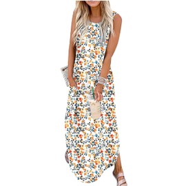 Beach Vacation Clothes for Women Summer Dresses Boho Floral Long Dresses Free People Inspired Maxi Dress for Seniors 2025(Floral White 2,Large)