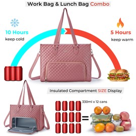 Ralnitote Laptop Tote Bag with Insulated Lunch Compartment for Women, PU Leather 15.6 Inch Work Bag, Elegant Computer Handbag, Versatile Business Tote for Office,Travel or Casual-Mauve Pink