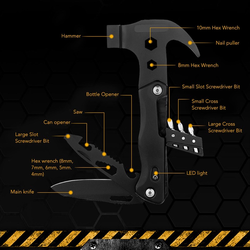 Multifunctional Hammer Foldable Small Portable Multitool Hammer with LED Light