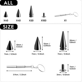 100pcs Spikes Studs 7mm Metal Cone Spikes Rivet, Punk Rock Screw Back Studs for DIY Bags Clothing Leather Craft Bracelet Necklace, with Screwdriver (Black, 3 Size)