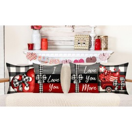 4TH Emotion Valentines Day Throw Pillow Covers 18 x 18 Inch Set of 4, Buffalo Check Spring Farmhouse Holiday Red Gray Cushion Case for Home Sofa Couch Decoration S24V05