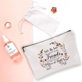 easycozy Funny Makeup Bag - Side by Side or Miles Apart Travel Portable Makeup Bag Long Distance Friendship Gifts for Best Friend Sister Beast Girlfriends Makeup Bag, beige