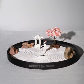 ICNBUYS Zen Garden Crane, Pavilion and Sakura Set with Free Rakes and Pushing Sand Pen Base Tray Diameter 9.4 inches