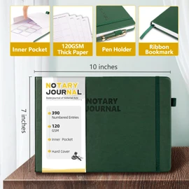 Homlive Notary Journal Log Book, Notary Book with 390 Record Entries, 10"X7" Notary Log Books Notarial Public Journal for Notarial Acts, Hardcover, 120gsm Thick Numbered Pages, Green