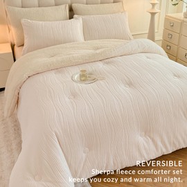 tohrisa 3D Striped Jacquard Sherpa Comforter Set King Size, Geometric Pattern Boho Quilt Bedding 3 Pieces Warm Cozy Fuzzy Comforter with 2 Pillowcases(104"X90" Ivory White)