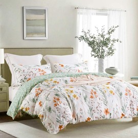 Tabeskly Kids Girls Green Leaves Yellow Red Floral flower Cute Soft Zipper Bed Bedding Duvet Cover Set Single White 135×200cm