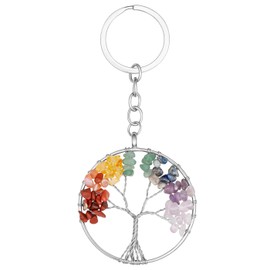 Sahoottie Sahoottie Round Tree of Life Crystal Keyring for Women 7 Chakra Crystal Gifts for Women Tumbled Gemstones Silver Keyring