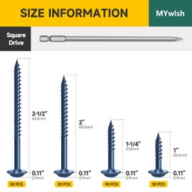 Mywish 190Pcs #8 Pocket Hole Screws, Wood Screws Assortment Kit, #8 x 1, 1-1/4", 2", 2-1/2", Self Tapping Pocket Screws with Square Drive, Blue Coated, with 150MM Pocket Hole Drill Bit
