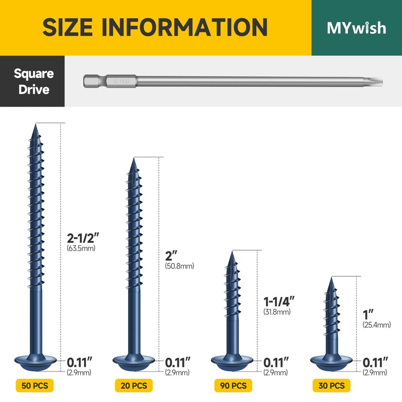 Mywish 190Pcs #8 Pocket Hole Screws, Wood Screws Assortment Kit,