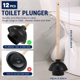 Dandat 12 Pcs Rubber Toilet Plunger with Double Thrust Force Suction Cup Long Wooden Handle Toilet Bowl Plunger Heavy Duty Pump Clogged Solution for Bathroom Stores Restaurants, Black
