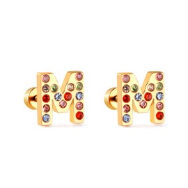 Cute Initial Small Stud Earrings for Women Cartilage Dainty Gold Plated Rainbow Cubic Zirconia 26 Letters Alphabet Piercing Little Studs Flat Screw Back Stainless Steel Hypoallergenic for Sensitive Ear Birthday Gift Her (M)