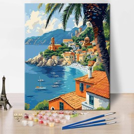 DIY Seaside Paint by Numbers for Adult Beginner Beach Paints by Number Summer Landscape Painting by Numbers on Canvas Blue Ocean Watercolor Acrylic Paint Kit for Home Decor 16x20 Inch Without Frame
