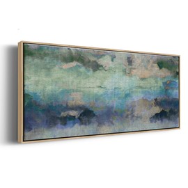 Renditions Gallery Abstract Floater Framed Artwork Warming Blend of Teal & Green Hues Canvas Wall Art Prints & Paintings for Hotel Office Kitchen - 8"X20" NATURAL GAL029