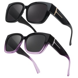 Myiaur Pack of 2 Women's Polarised UV400 Protection Oversized Frame Sunglasses for Glasses Wearers for Driving and Leisure, A01(2 Pack) Black+Gradient Purple