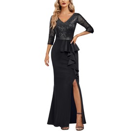MISSMAY Women's Elegant Sequin V-Neck Evening Party Mermaid Long Dress (X-Large, Black)