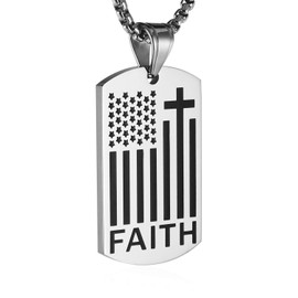 HZMAN American Flag Patriotic Cross Dog Tag Religious Faith Jewelry Pendant Necklace (Silver)