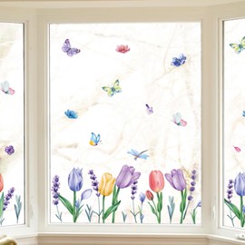 WEEPA 56 PCS Hello Spring Window Cling Sticker, Tulip Butterfly Flower Window Decal for Home Party Supplies Shop Window Glass Display Decoration