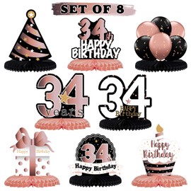 LINGTEER Happy 34th Birthday Rose Gold Table Honeycomb Centerpieces Cheers to 34th Birthday 34 Years Old Party Table Decorations Gift Sign.