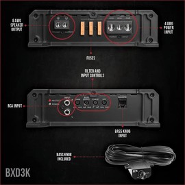 Belva BXD3K 3000W Peak BX-Series 1-Ohm Stable Class-D Monoblock Car Audio MOSFET Amplifier with Remote Subwoofer Level Control
