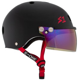 S1 Lifer Visor Helmet Gen 2 for Skateboarding, BMX, and Roller Skating - EPS Fusion Foam, CPSC & ASTM Certified - Black Matte w/Red Straps and Iridium Visor Large (22")