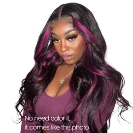 ALHER 10A Black Mix Purple Highlight Bundles with 2x6 Closure Human Hair Body Wave, 100% Remy Hair Subtle #1B/Purple Colored 3 Bundles with Long Deep Part Lace 2X6 HD Lace Closure Wavy 12 14 16 +12 IN