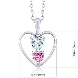 Gem Stone King 925 Sterling Silver Sky Blue Aquamarine Pink Moissanite and White Topaz Pendant Necklace For Women (0.68 Cttw, Gemstone March Birthstone, Heart 5MM and 4MM, with 18 Inch Silver Chain)