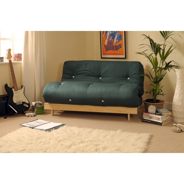 Comfy Living 4ft6 (135cm) Double Wooden Futon with GLADE GREEN Mattress