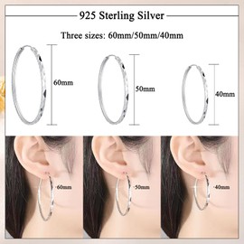 Estrellique 925 Sterling Silver Hoop Earrings for Women, Earrings Large Hoop in 40/50/60mm Diameter, Hypoallergenic Huggie Lightweight Round Circle Earrings, Women 3 Pairs Silver 925 Hoop Earrings Set