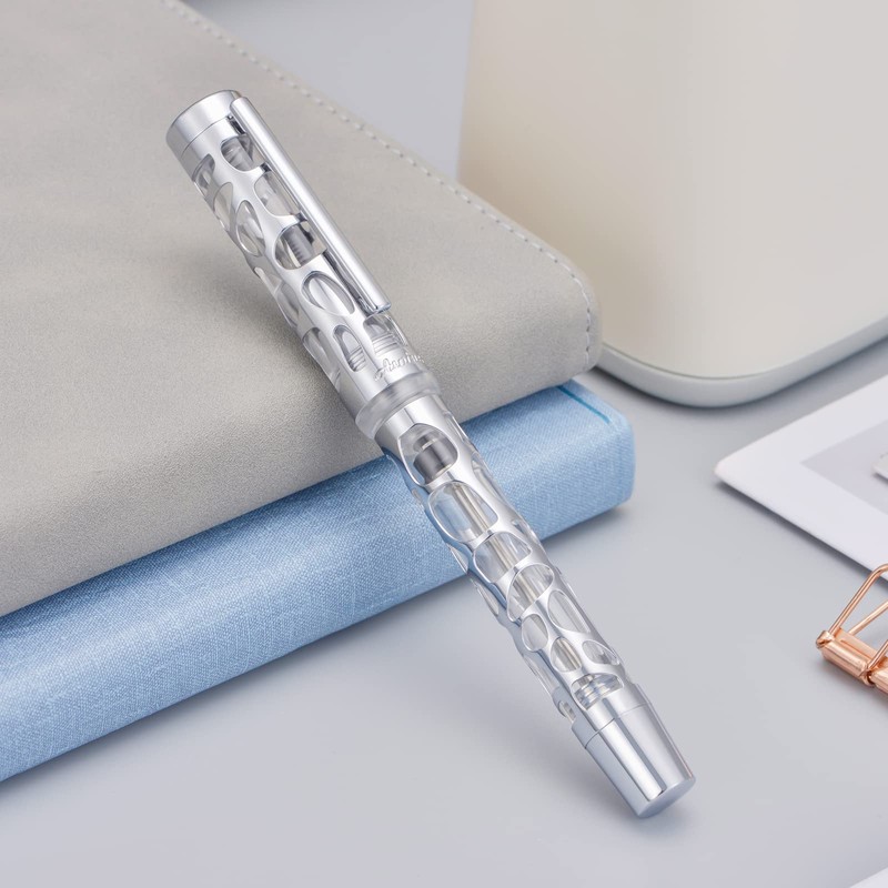 Asvine V169 Medium Nib Fountain Pen Waterdrop Skeleton Transparent Clear