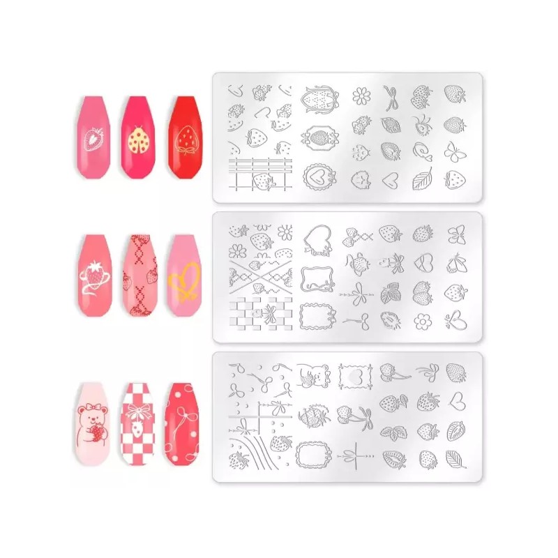 Beinkmake 3Pcs 딸기 네일 스탬프 플레이트 하트 활 아트 템플릿