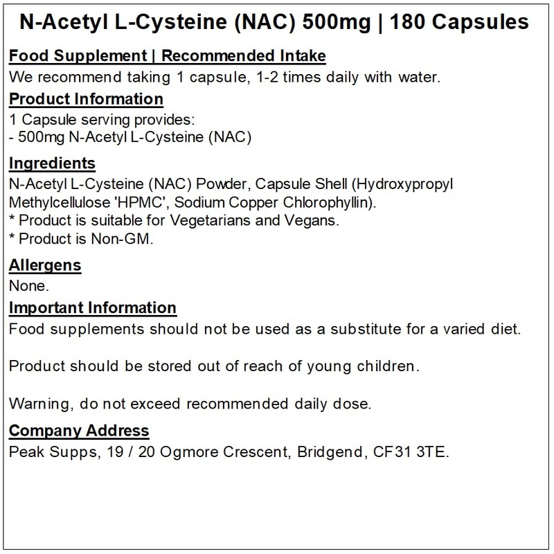 N-Acetyl L-Cysteine (NAC) 500mg - 180 Capsules - Vegan