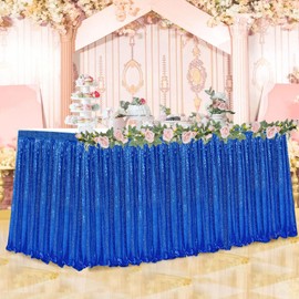 PATYDEST Sequin Table Skirts for Rectangle Tables 9FT Royal Blue Table Skirting Party Fabric Table Skirt Sequin Ruffle Table Skirt Sparkle Table Cover Skirt for Baby Shower Birthday Dining Table Decor