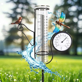 Senflame 27" Rain Gauge Outdoor, Metal Bird & Dragonfly Garden Stake Decorative with Thermometer, 8” Glass Waterproof Freeze Proof Rain Tube Gauge, Glass Rain Gauge Outdoor for Yard, Lawn and Patio