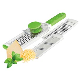 TAVIALO Kitchen Grater Set - 3 Blades for Fine and Coarse Grating & Cutting - Stainless Steel Parmesan Grater with Hand Guard, Soft Grip Handle, Non-Slip Base, Dishwasher Safe