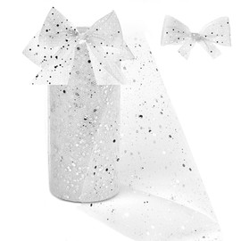 CAREDGO Glitter Tulle Ribbon 15 cm x 30 m Glitter Tulle Fabric Tulle Roll Decorative Fabric White Glitter Tulle Fabric Table Runner Chair Bands Table Decoration Tulle Ribbon with Small Sequins for