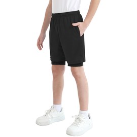 QBK Toddler to Youth Boys 2 in 1 Athletic Shorts Basketball Compression Shorts with Liner for Girls Soccer Running Sports(Black 3T)
