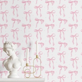 MotiMind Pink Bow Wallpaper 15.75 x 197 Inch Cute Bow Aesthetic Wallpaper Coquette Trendy Preppy Pink Peel and Stick Wall Paper Girly Adhesive Removable Coquette Room Decor for Bedroom Room Cabinets