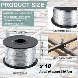 Steel Rebar Tie Wire Coil 10 Rolls, 1/32" 0.8 mm 360 ft Rebar Gun Tie Tool High-Strength Galvanized Wire for Automatic Twister Machine and Automatic Tying Tool