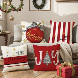 MEHOFOND Merry Christmas Throw Pillow Covers 18x18 Set of 4 Red White Stripes Christmas Tree Bell Winter Holiday Party Decor Stripes Cushion Case Decoration for Sofa Couch Set of 4