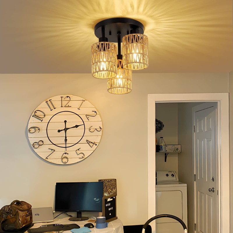 3-Lights Boho Light Fixtures Ceiling Mount, Farmhouse Rattan Chandelier, Hand