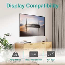 WALI TV Wall Mount for 43-100 Inch Flat Curved TVs up to 165 lbs, Low Profile Flat Wall Mount Bracket Holds Your TV 1.2 Inch from The Wall, Mounting Holes up to 900x600mm (TTM-5), Black