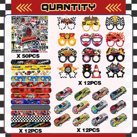 Race Car Party Favors Race Car Birthday Party Decorations,12 Pull Back Car Toys,12 Slap Bracelets,12Glasses,50 Stickers Classroom Rewards Prizes,Goody Bag Treat Bag Stuff for Race Car Party Supplies