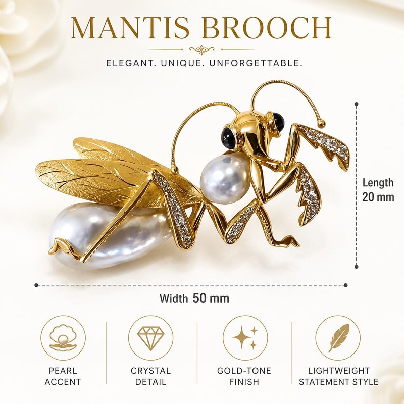Gold Mantis Brooch, Pearl Clear Crystal Insect Lapel Pin