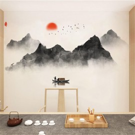 WOHAHA Chinese Ink Painting Mountains Wall Stickers Birds Red Moon Lonely Boat Wall Decals Removable PVC Wallpaper Peel and Stick Living Room Bedroom Studyroom Wall Art Decor